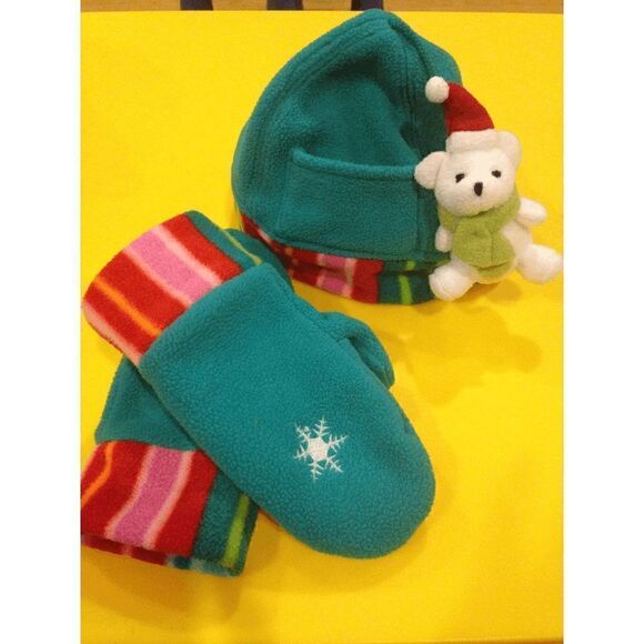 Kids Unisex Winter Mittens & Hat Set Blue 100% Polyester - Picture 2 of 9